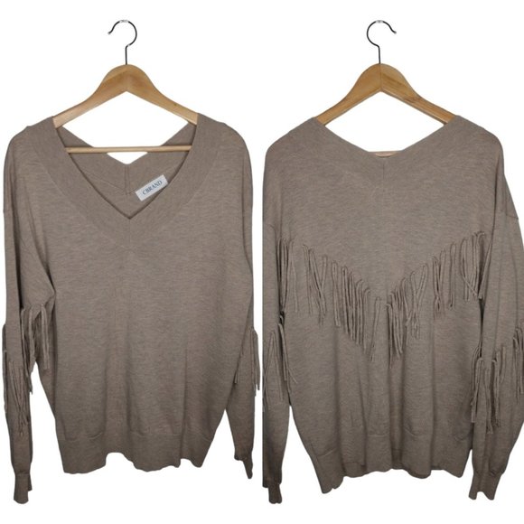 Beige V-Neck V-Back Fringe Back and Sleeves Sweater - Picture 1 of 8